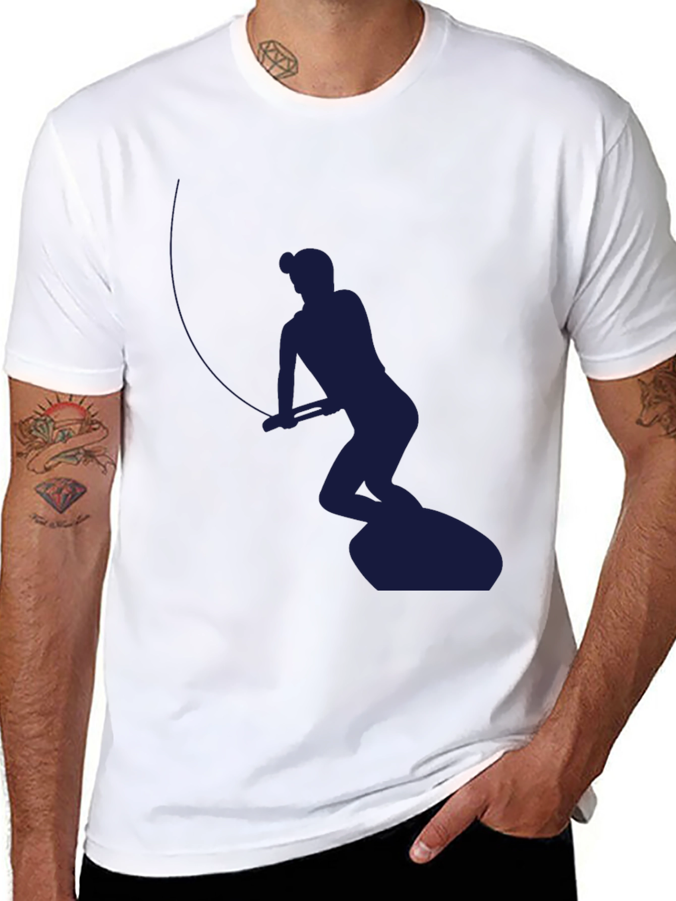 Black Fisherman Silhouette Graphic Tee - Black Cotton Blend view 8