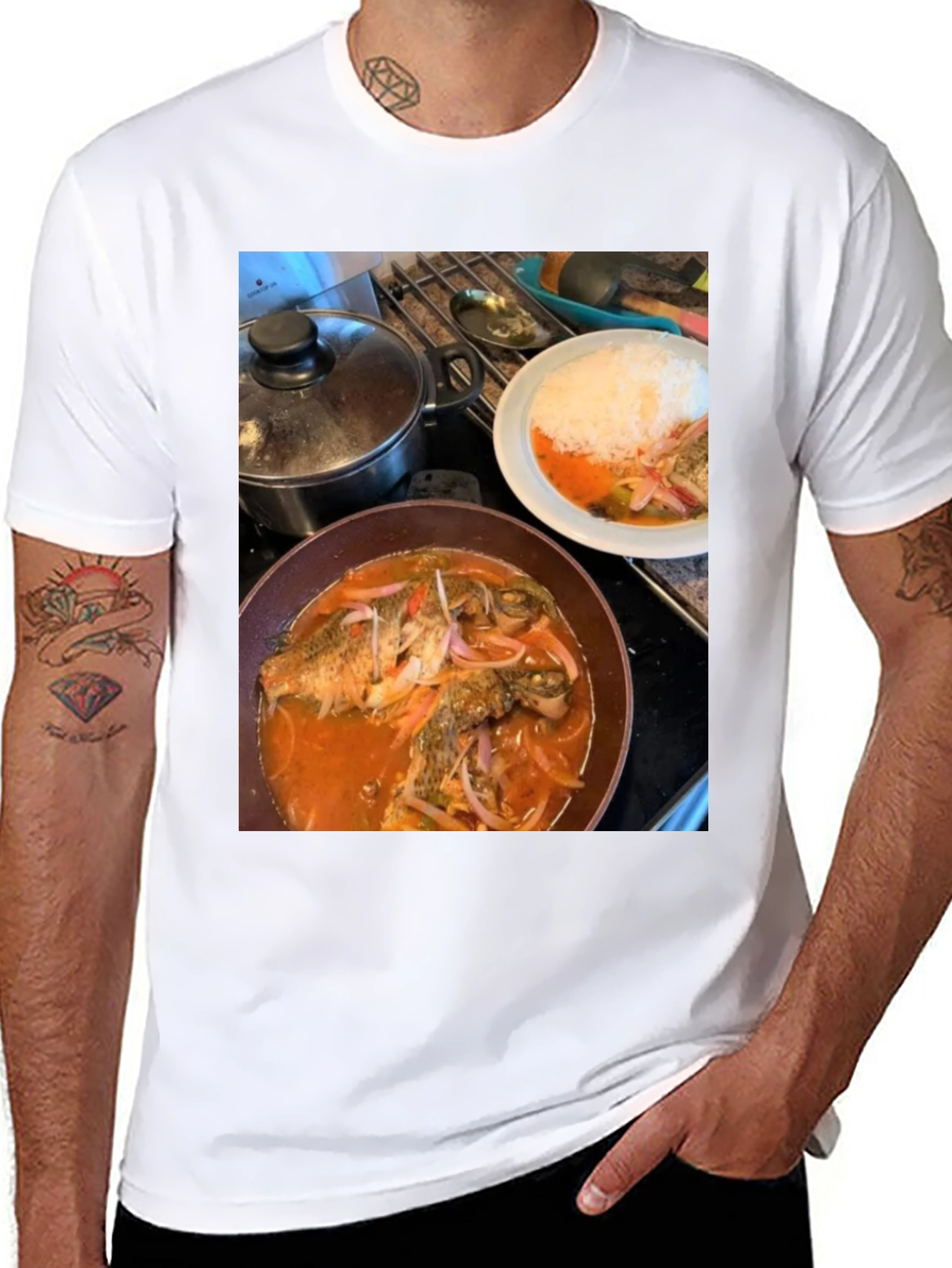 Black Foodie T-Shirt: Delicious Fish Dish Design view 8