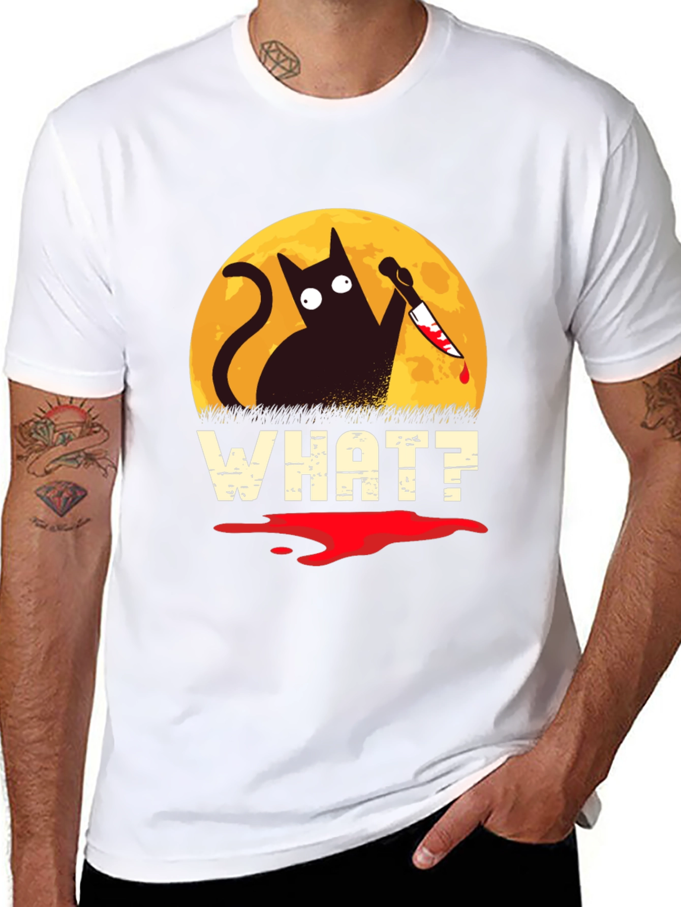Black Funny Cat What? T-Shirt Halloween Black Cat with Knife Tee view 8
