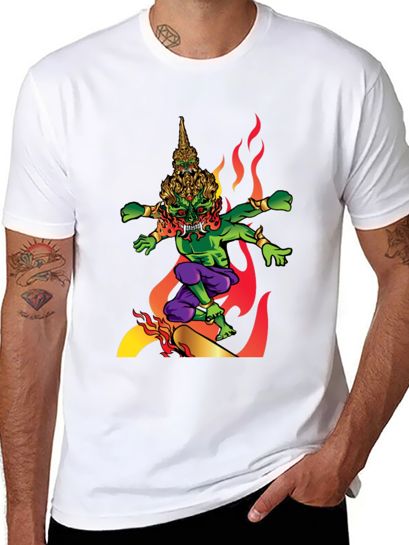 Black Men's Graphic Tee: Fiery Thai Demon Design view 8