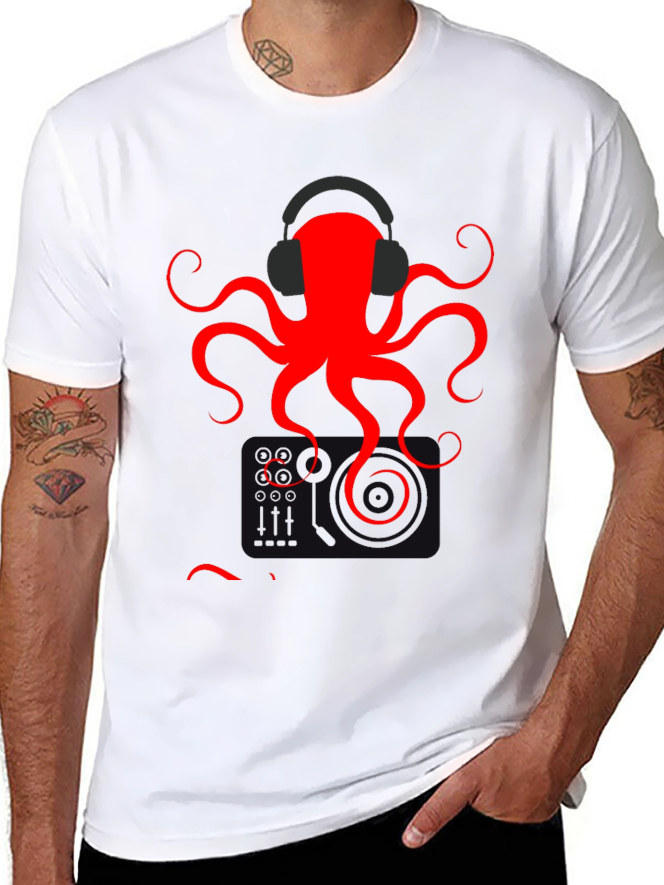 Black Red Octopus Headphones Graphic T-Shirt view 8