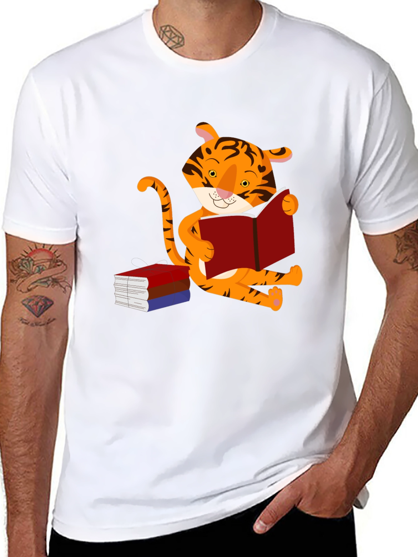 Black Cute Tiger Reading Book Graphic T-Shirt view 8
