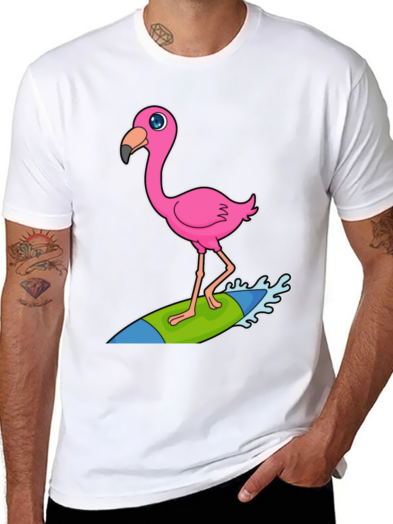 Black Surfing Flamingo Graphic Tee - Black Cotton T-Shirt view 8
