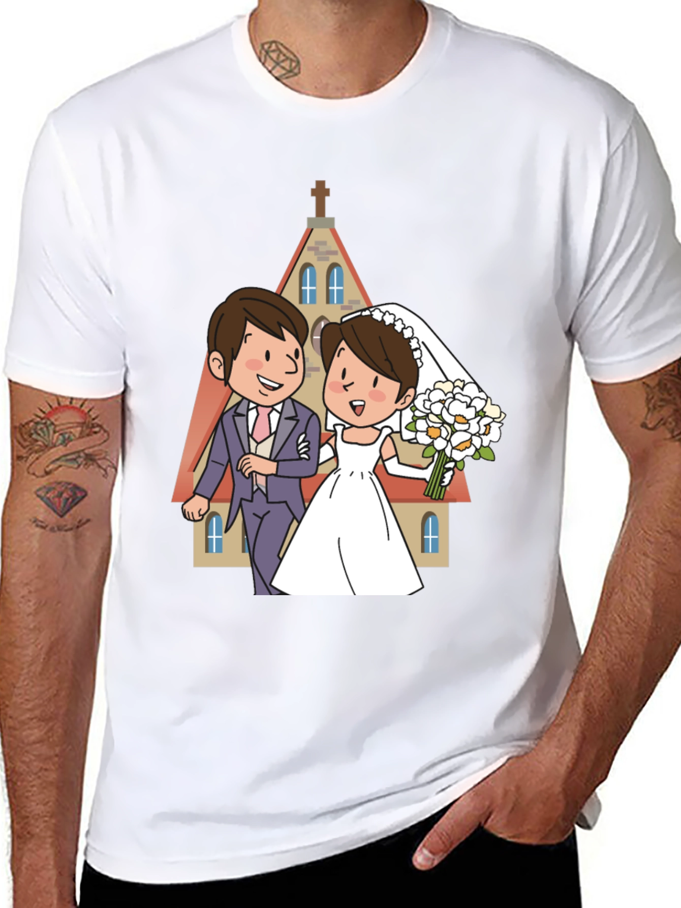 Wedding Cartoon Graphic Tee - Black - 8