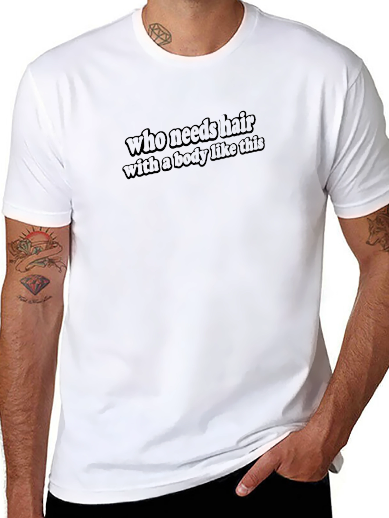 Black Who Needs Hair T-Shirt - Funny Baldness Humor Tee view 8