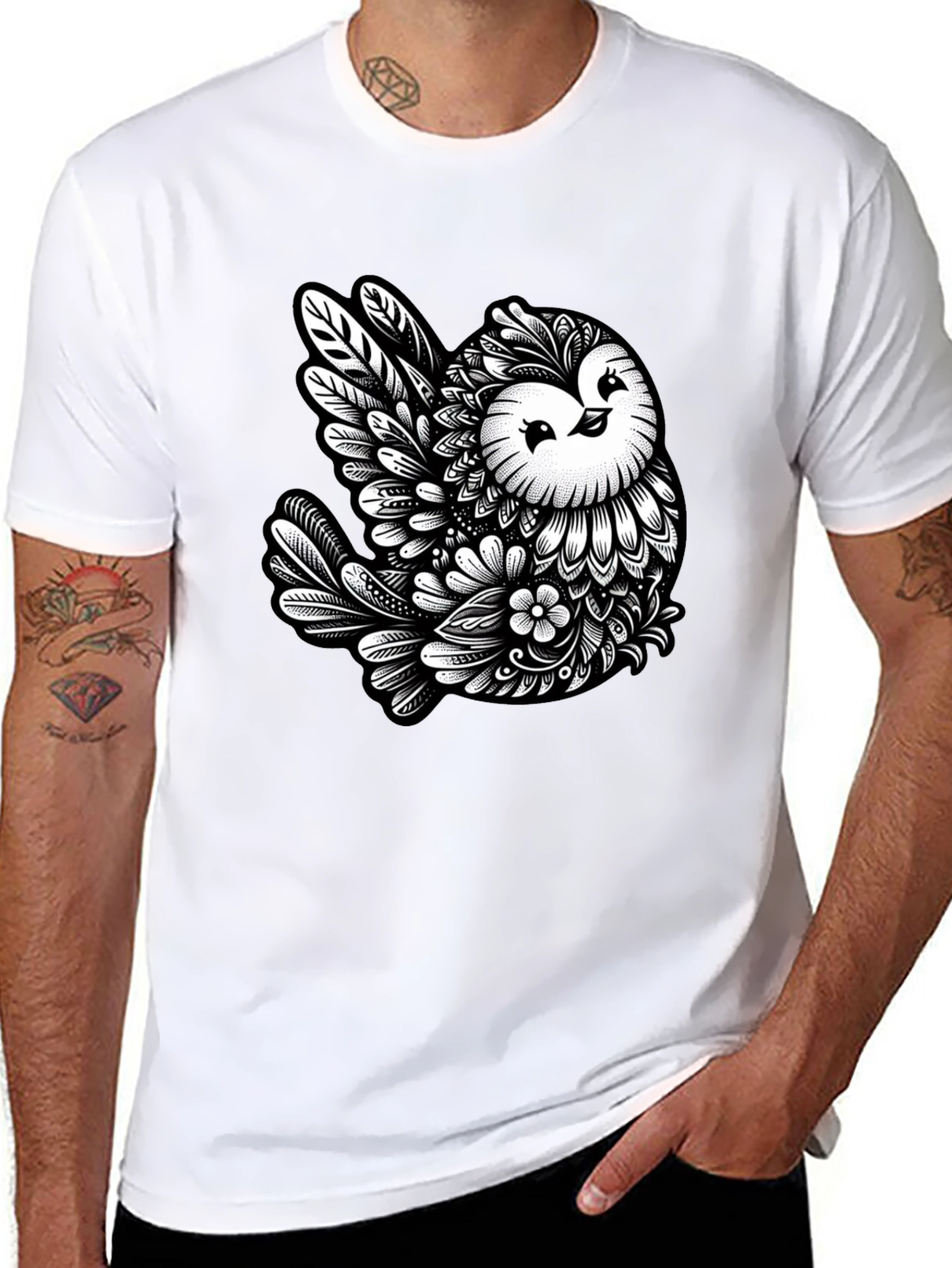 Black Owl Art Black T-Shirt - Unique Graphic Tee view 8