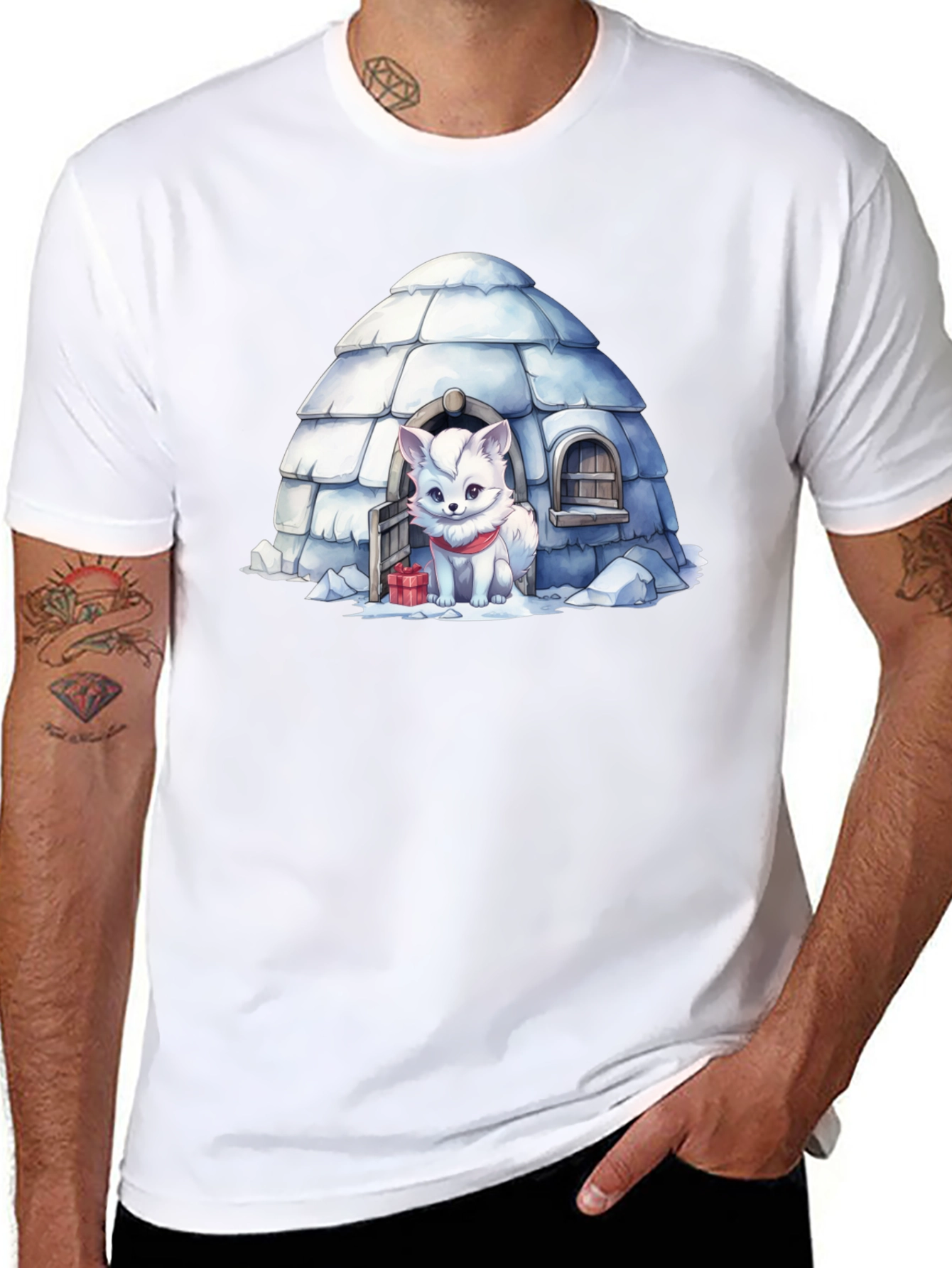 Black Cute Arctic Fox in Igloo Graphic Tee view 8