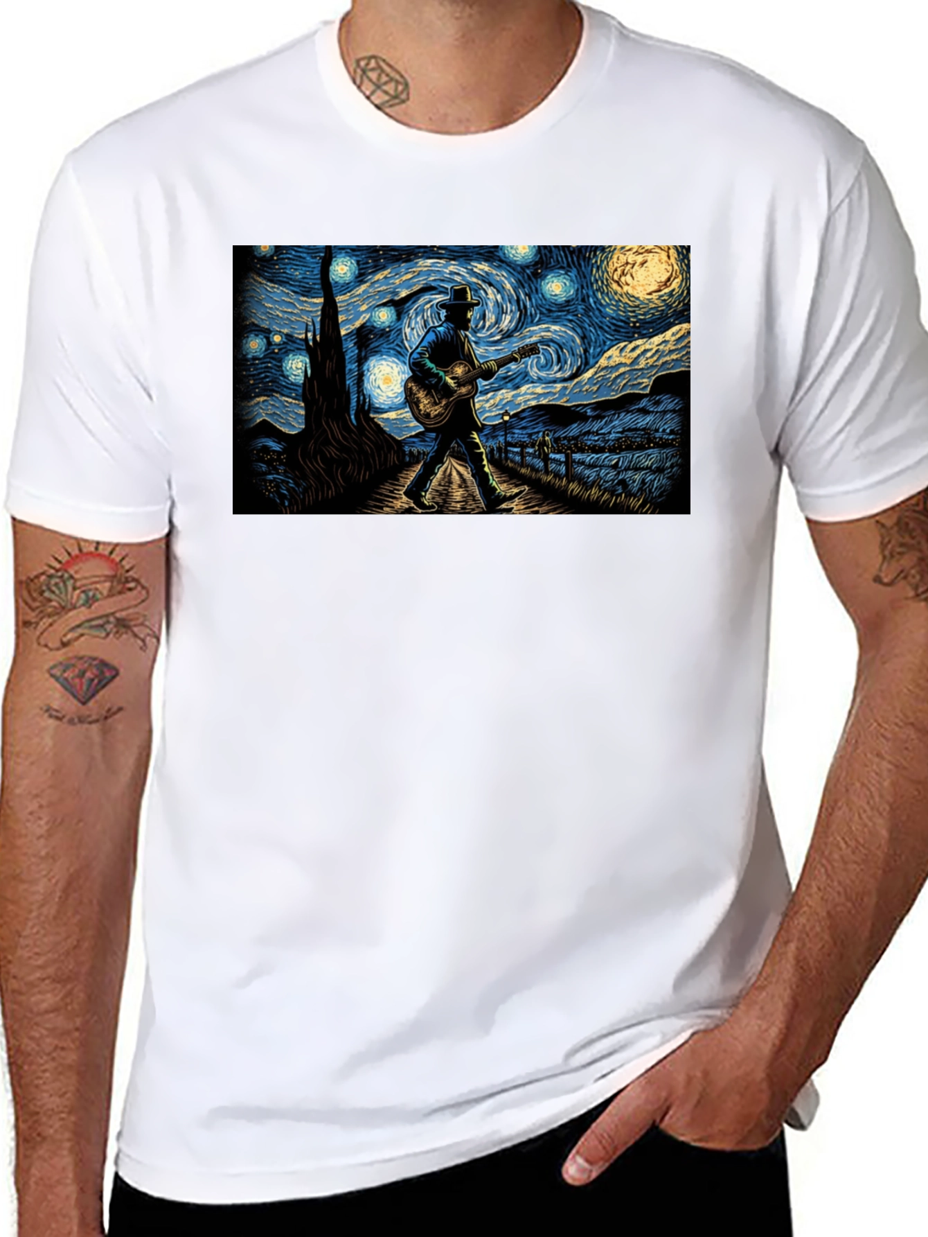 Black Starry Night Guitar Player Graphic Tee view 8