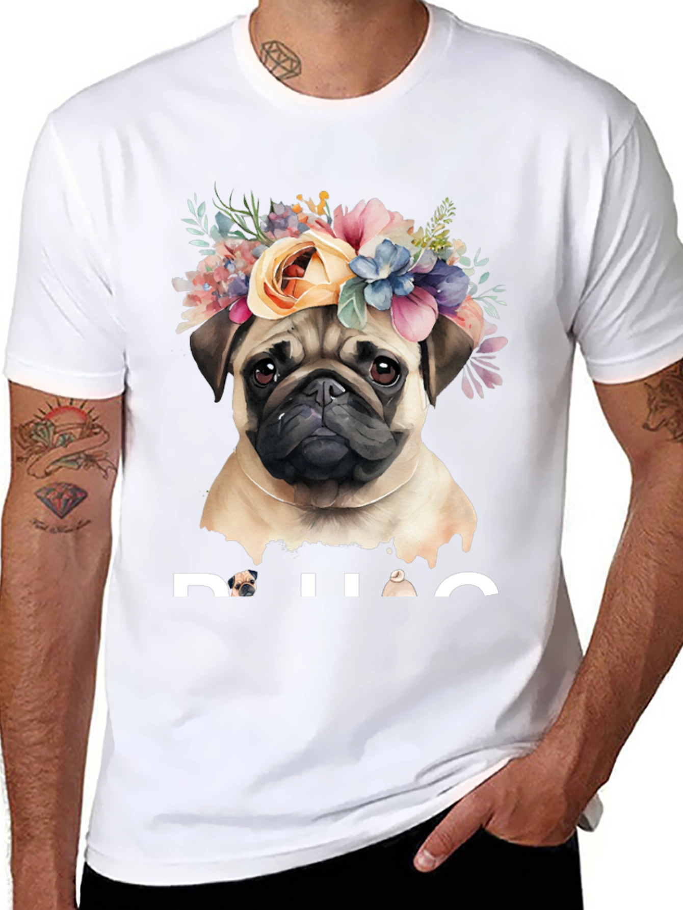 Black Pug Floral Crown Graphic Tee - Black Cotton T-Shirt view 8