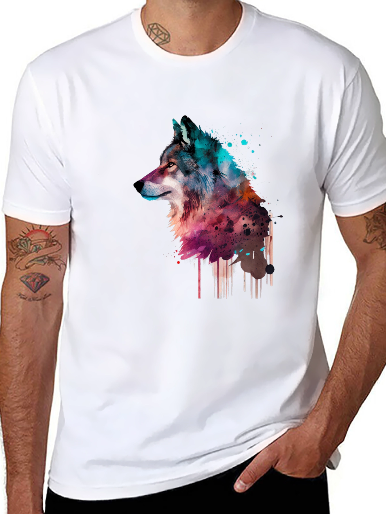 Black Watercolor Wolf Graphic Black T-Shirt view 8