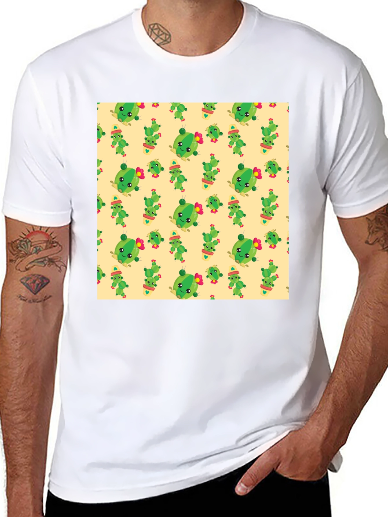 Black Cute Cactus Pattern Black T-Shirt view 8