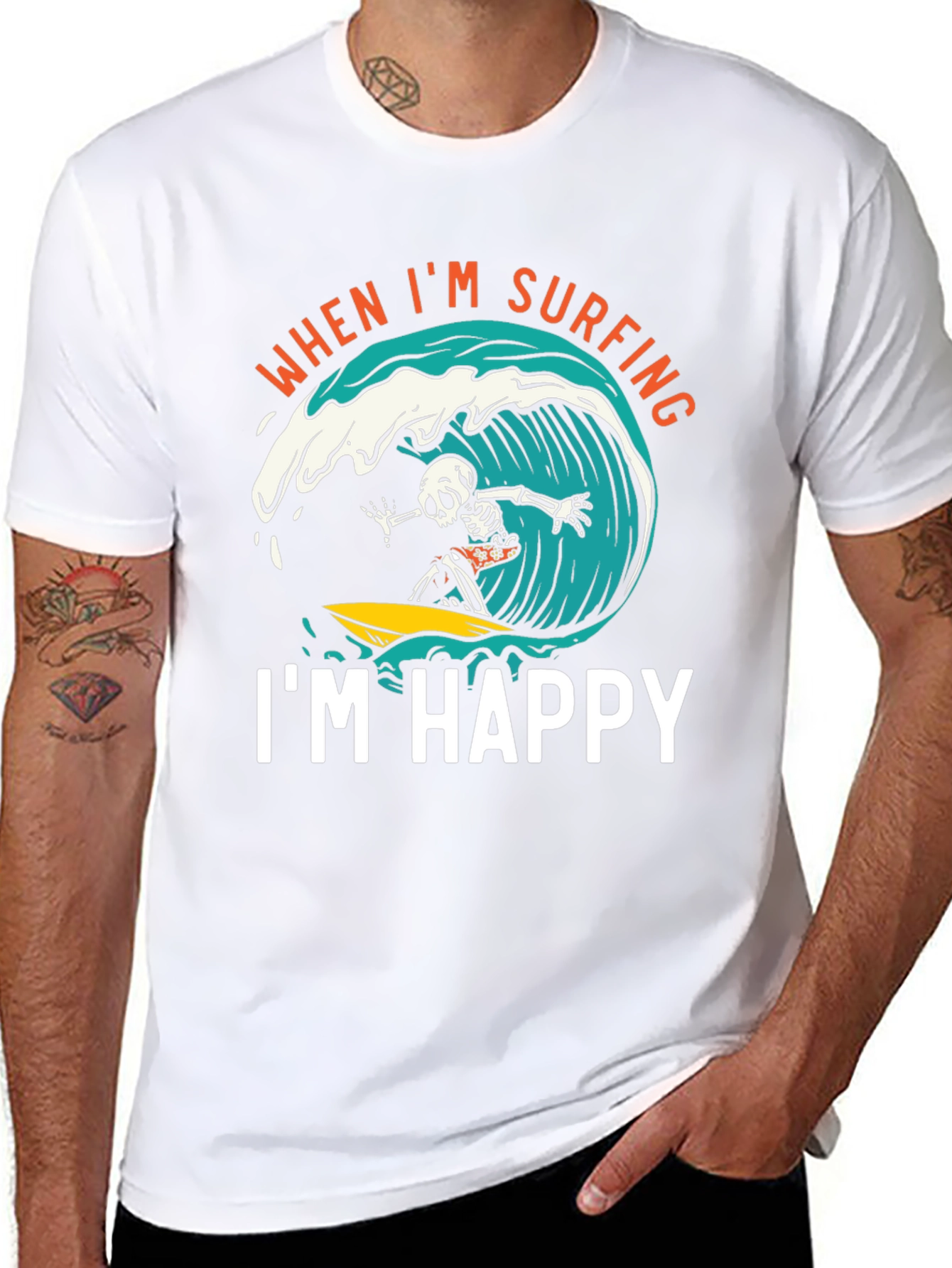 Surfing Skeleton Graphic Tee - "When I'm Surfing, I'm Happy" Black T-Shirt - 8