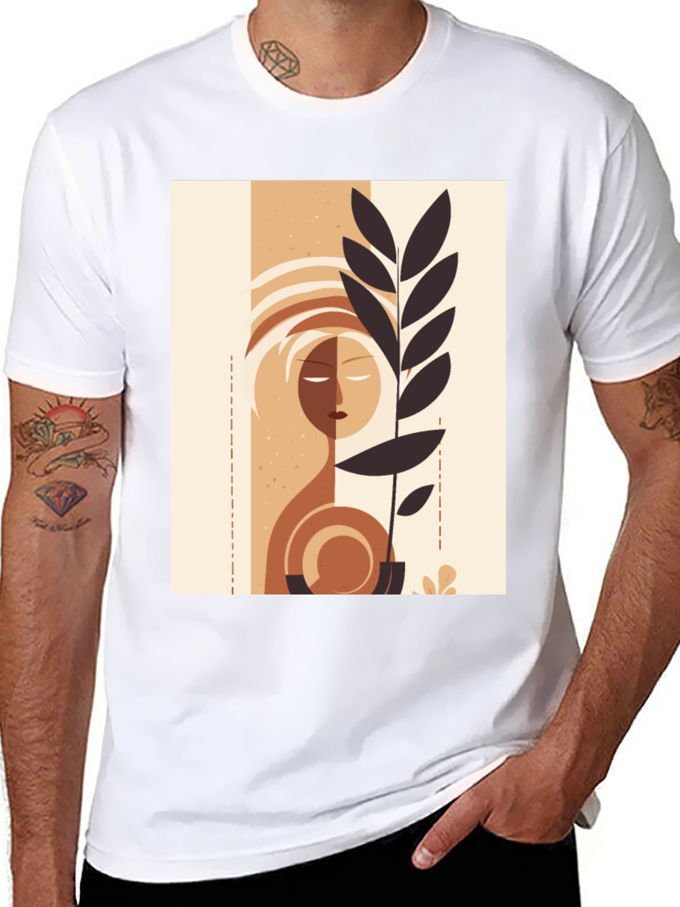 Black Abstract Face & Plant Graphic Tee - Stylish Minimalist Design view 8