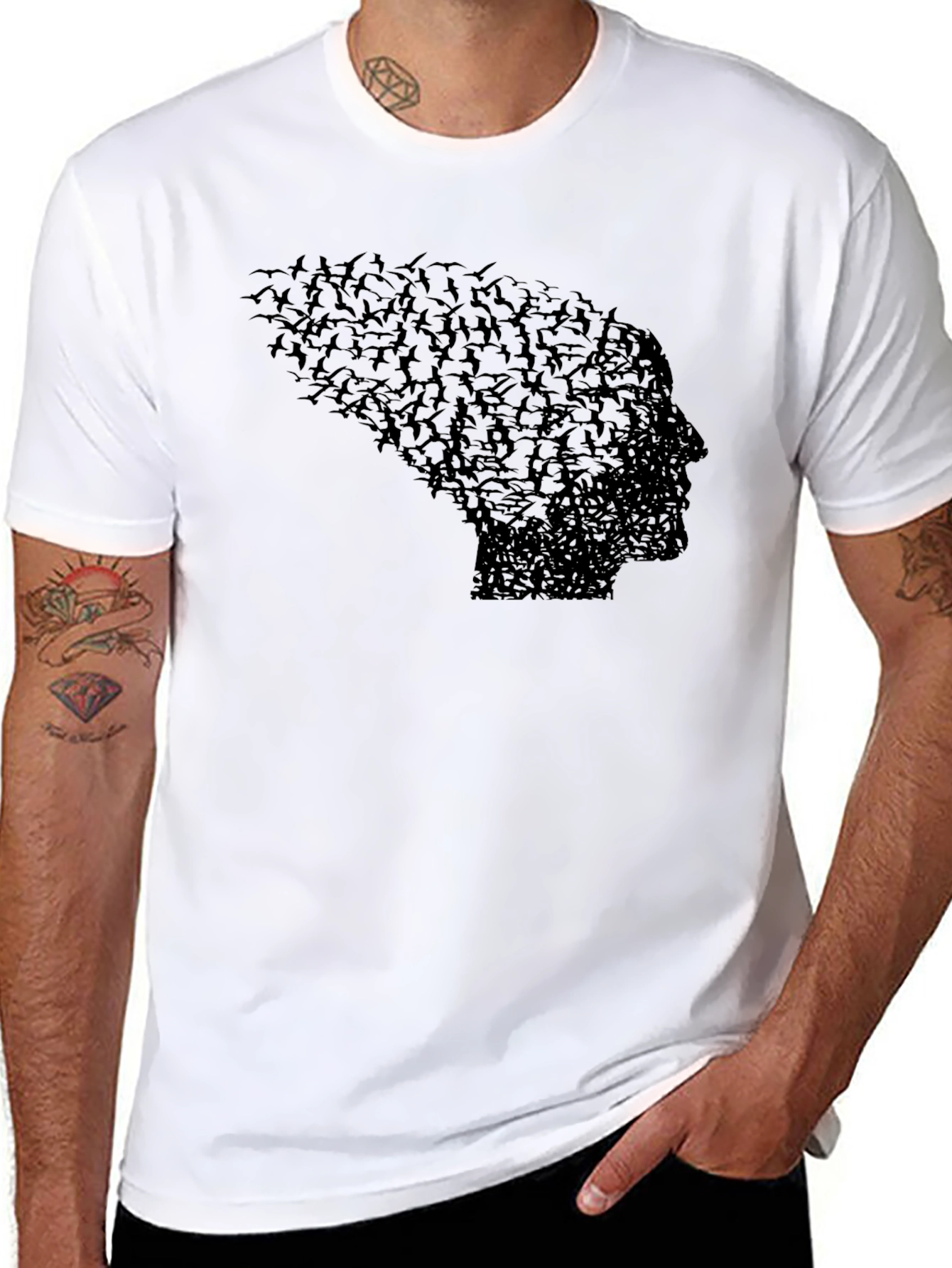 Black Birds Forming Head T-Shirt, Unique Graphic Tee, Black view 8