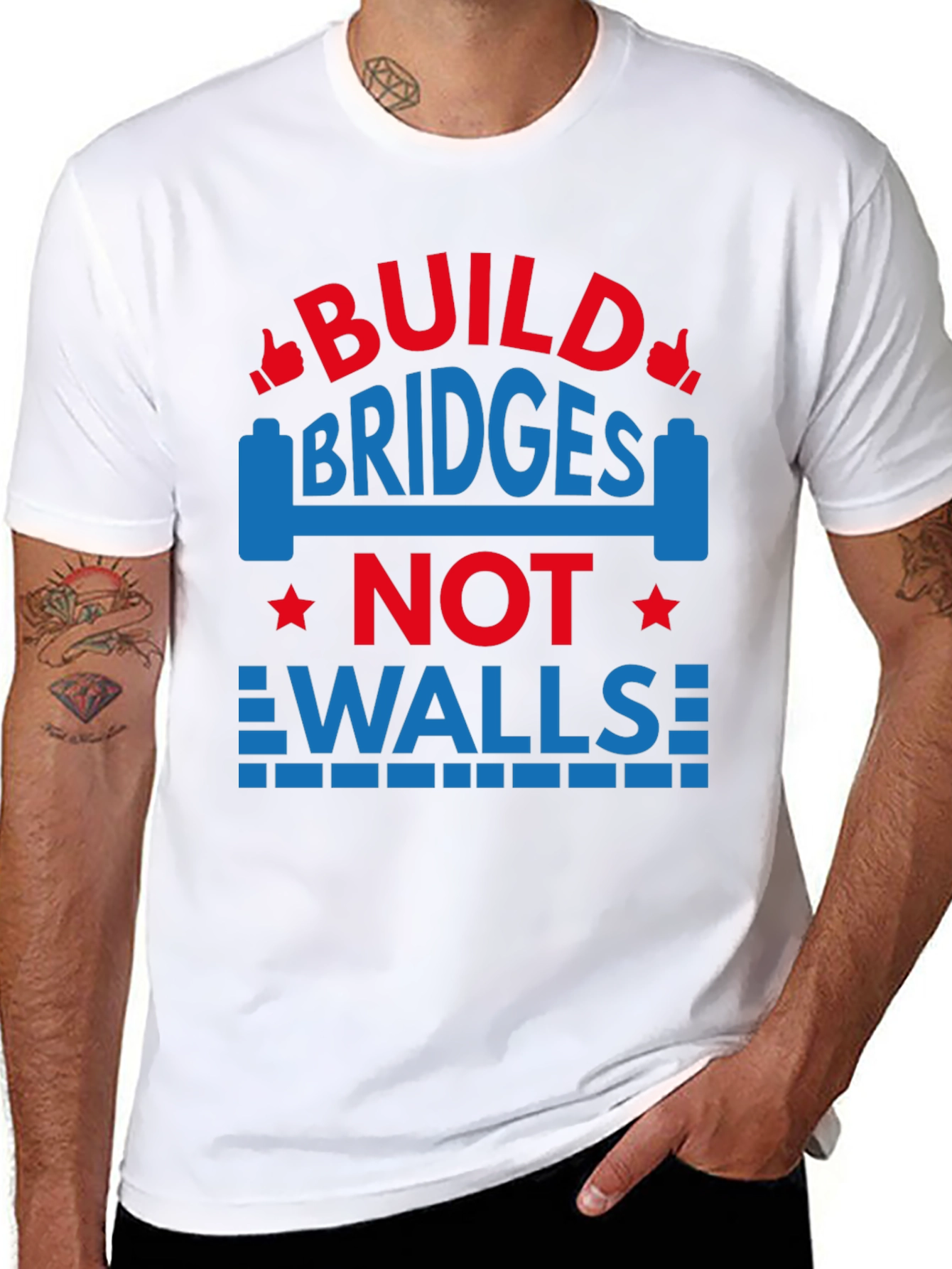 Black Build Bridges Not Walls Graphic Tee view 8