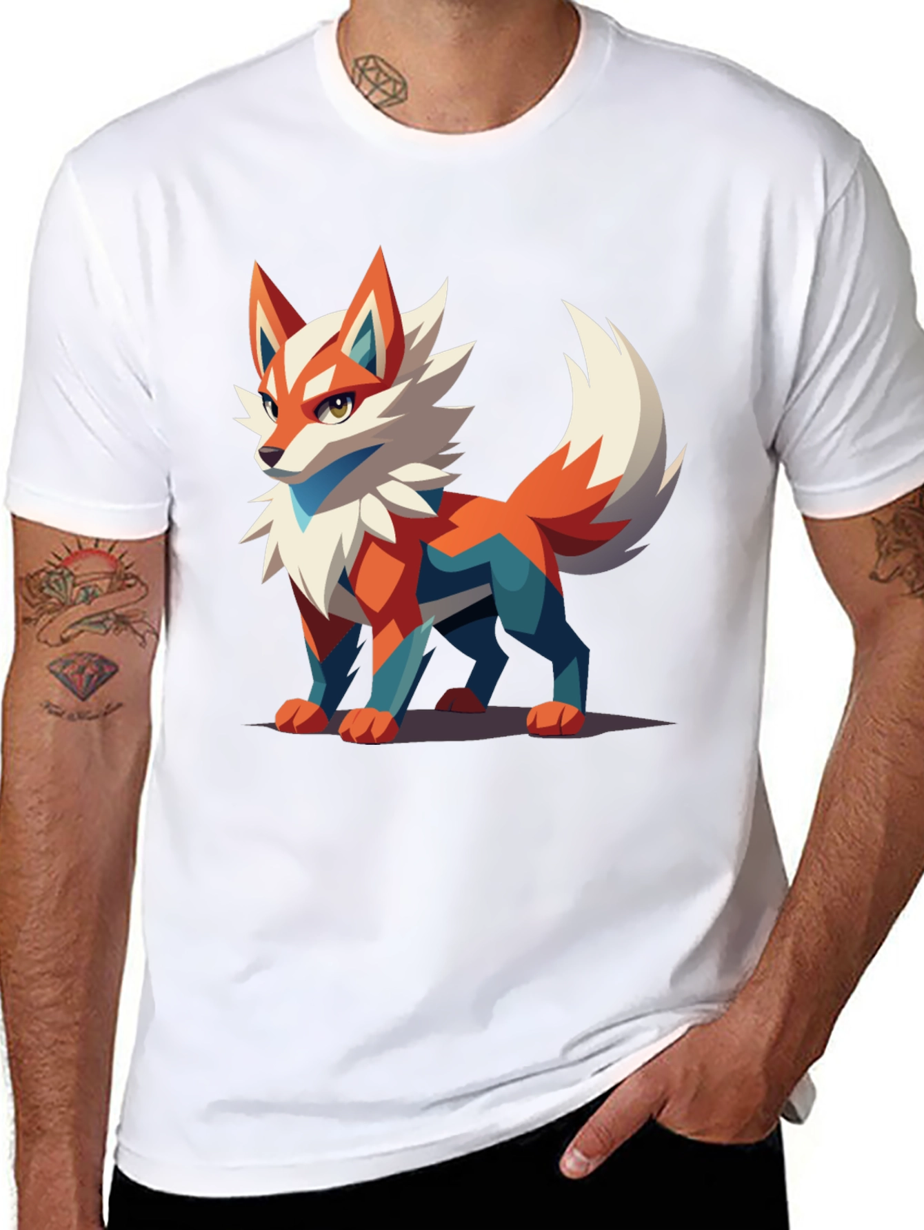 Black Men's Black T-Shirt with Geometric Fox Graphic view 8