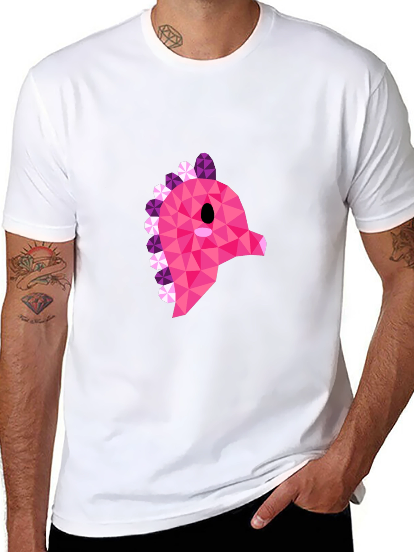 Black Geometric Pink Dinosaur Graphic T-Shirt - Modern Style view 8