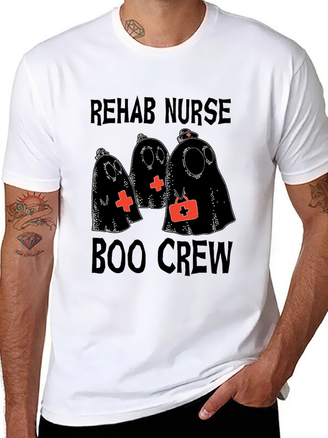 Black Rehab Nurse Boo Crew Halloween T-Shirt view 8