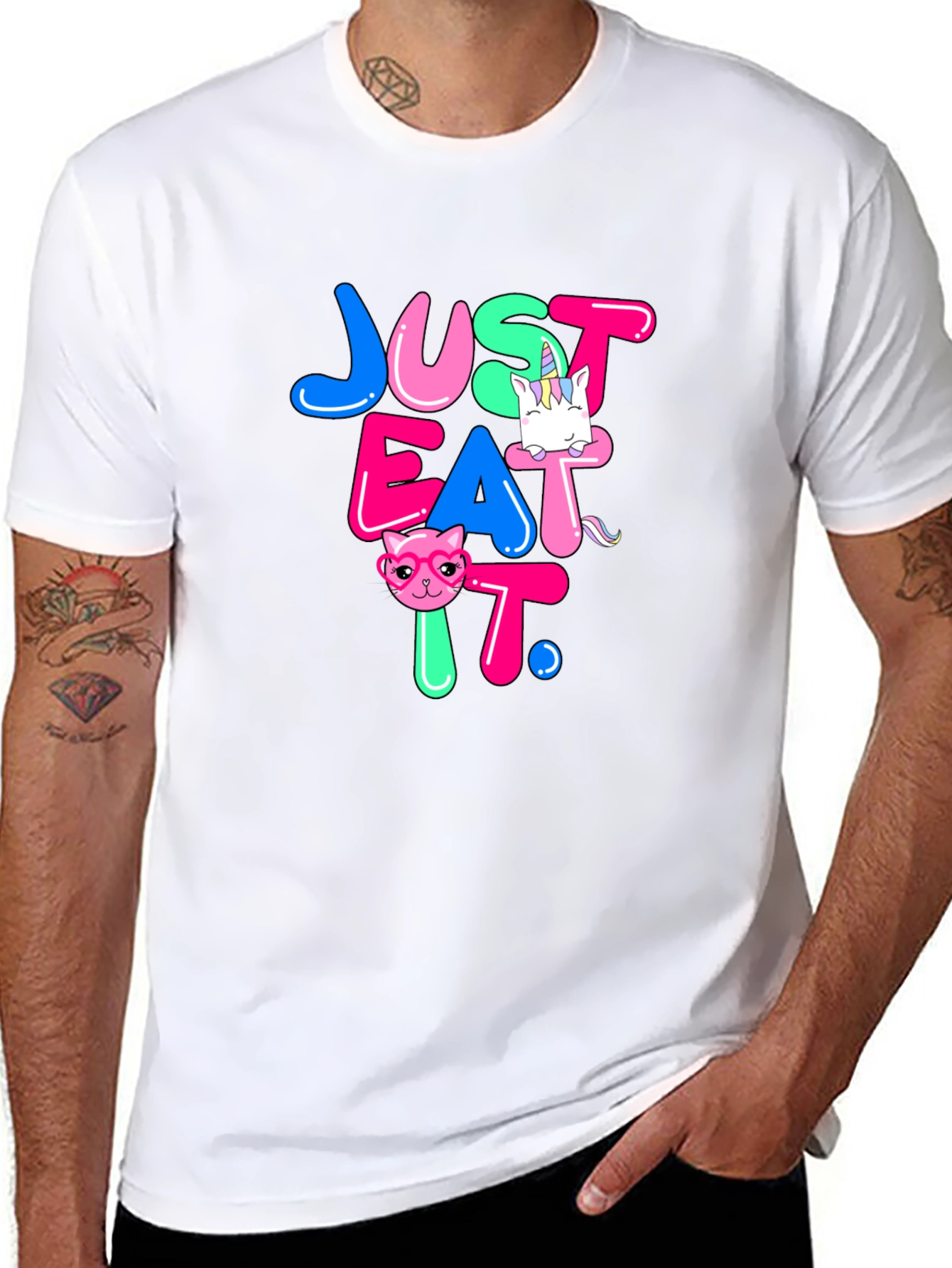 Black Just Eat It Graphic T-Shirt - Funny Cat & Unicorn Design view 8