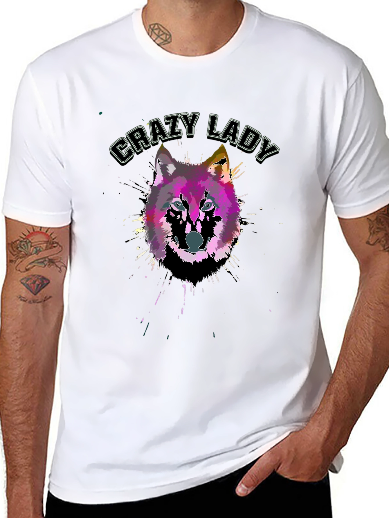 Black Crazy Lady Wolf Graphic Black T-Shirt view 8