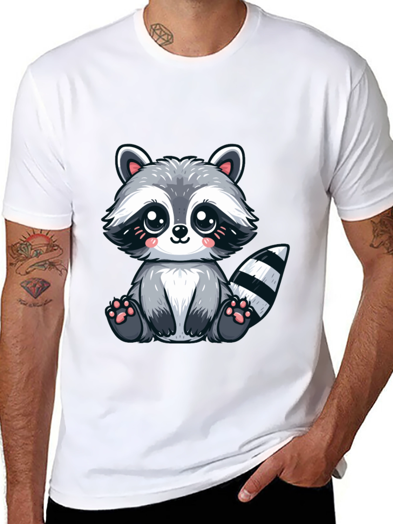 Black Cute Cartoon Raccoon Graphic Tee - Soft Black Cotton view 8