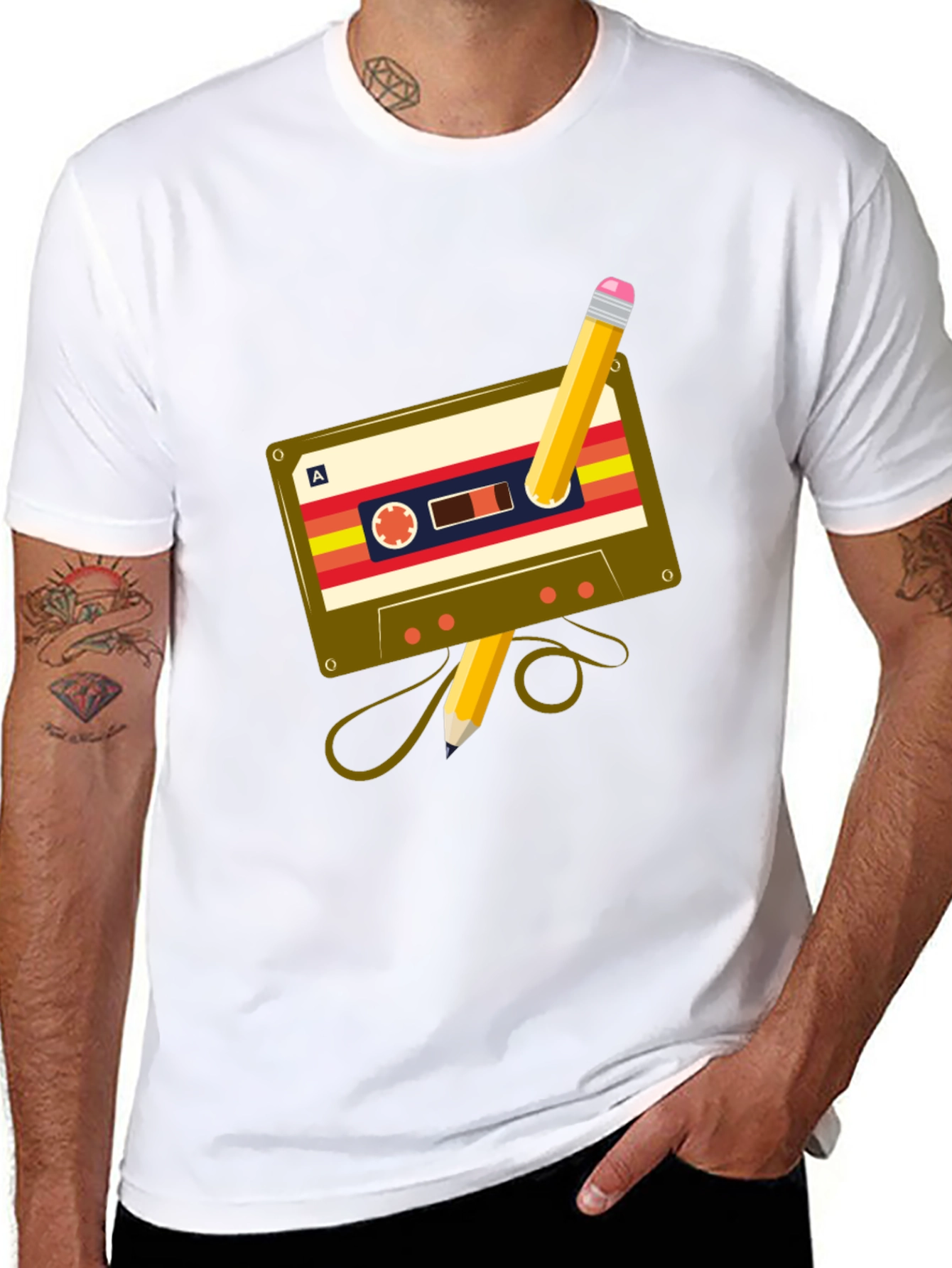 Black Retro Cassette & Pencil Graphic Tee - Music Lover's T-Shirt view 8