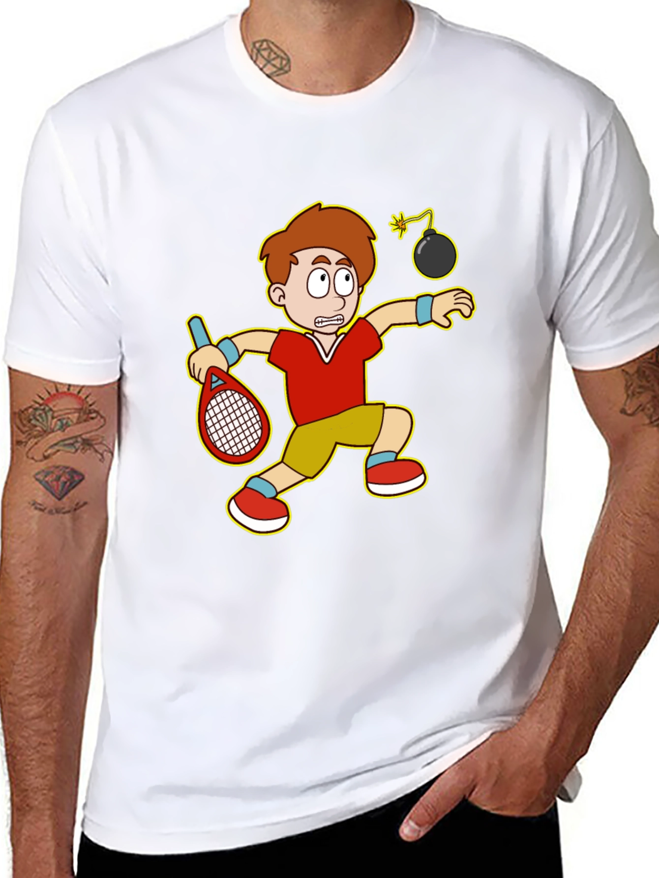 Black Funny Tennis Player Cartoon Graphic T-Shirt view 8