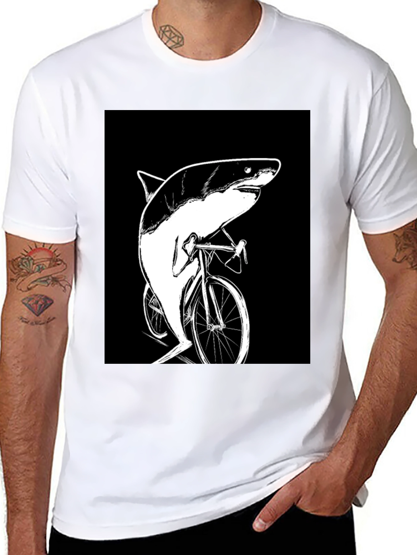 Black Shark on Bike T-Shirt - Funny Animal Graphic Tee view 8