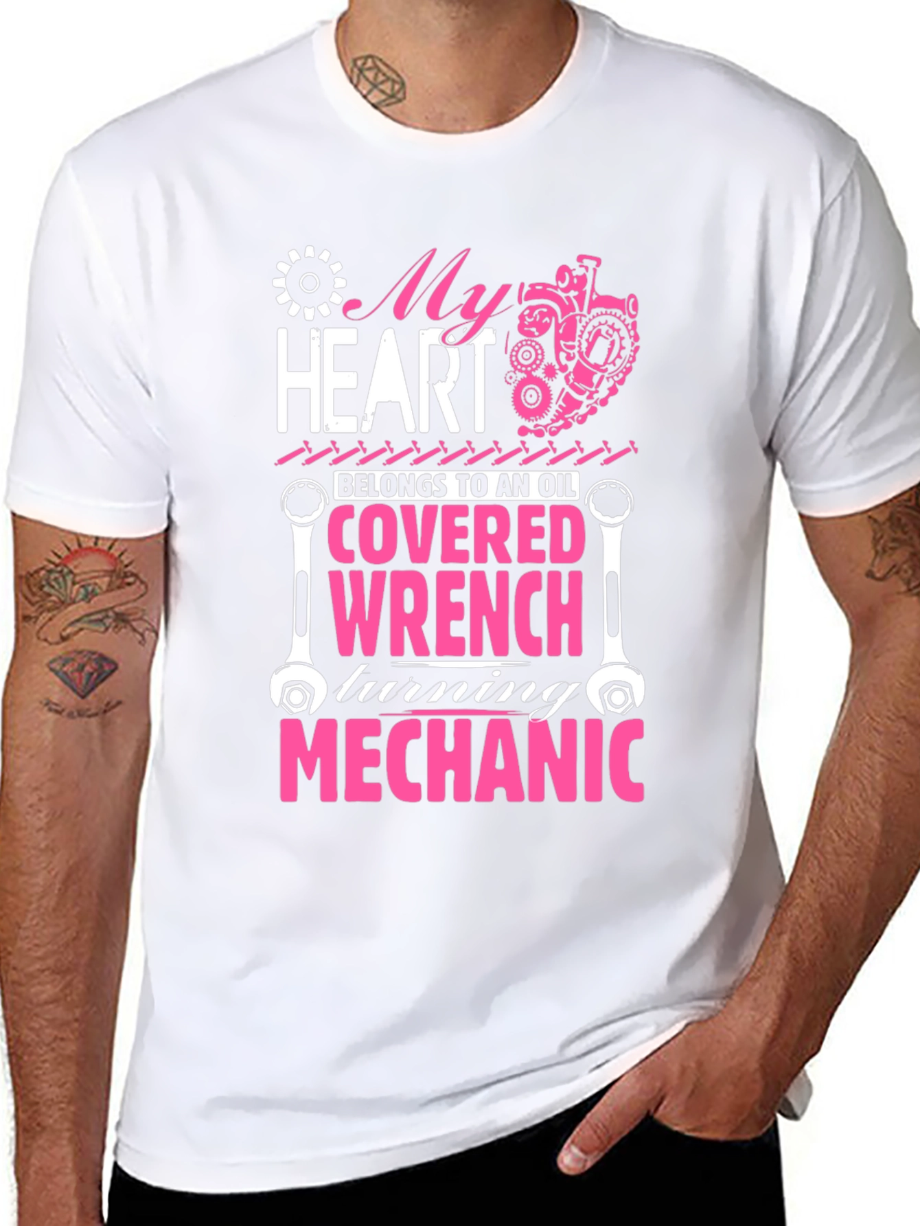 Black Mechanic Heart T-Shirt: Oil Covered Wrench Design view 8