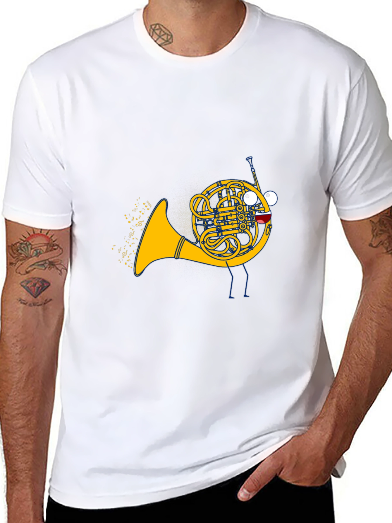 Black Musical French Horn Cartoon T-Shirt view 8