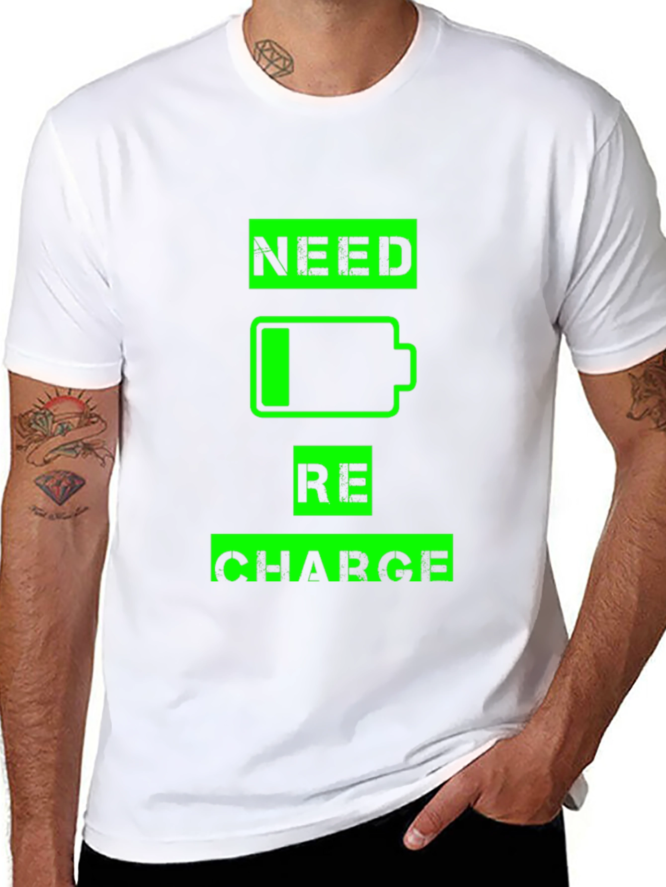 Black Need Recharge T-Shirt - Black Crew Neck Graphic Tee view 8
