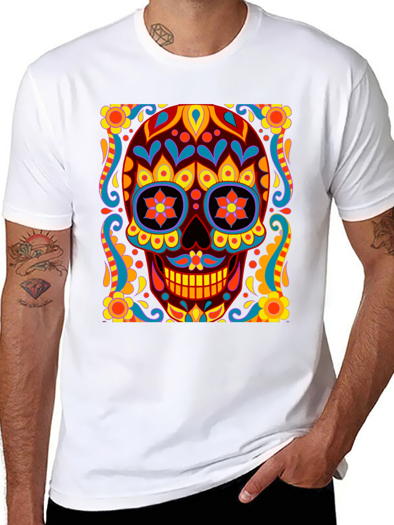 Black Day of the Dead Skull Graphic Black T-Shirt view 8