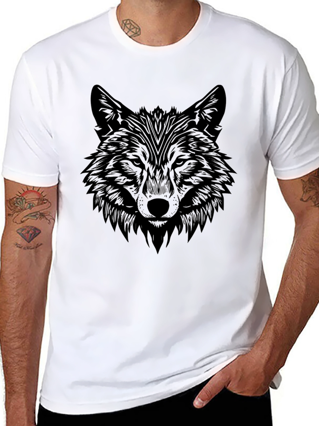 Black Wolf Graphic Print Black T-Shirt for Men view 8