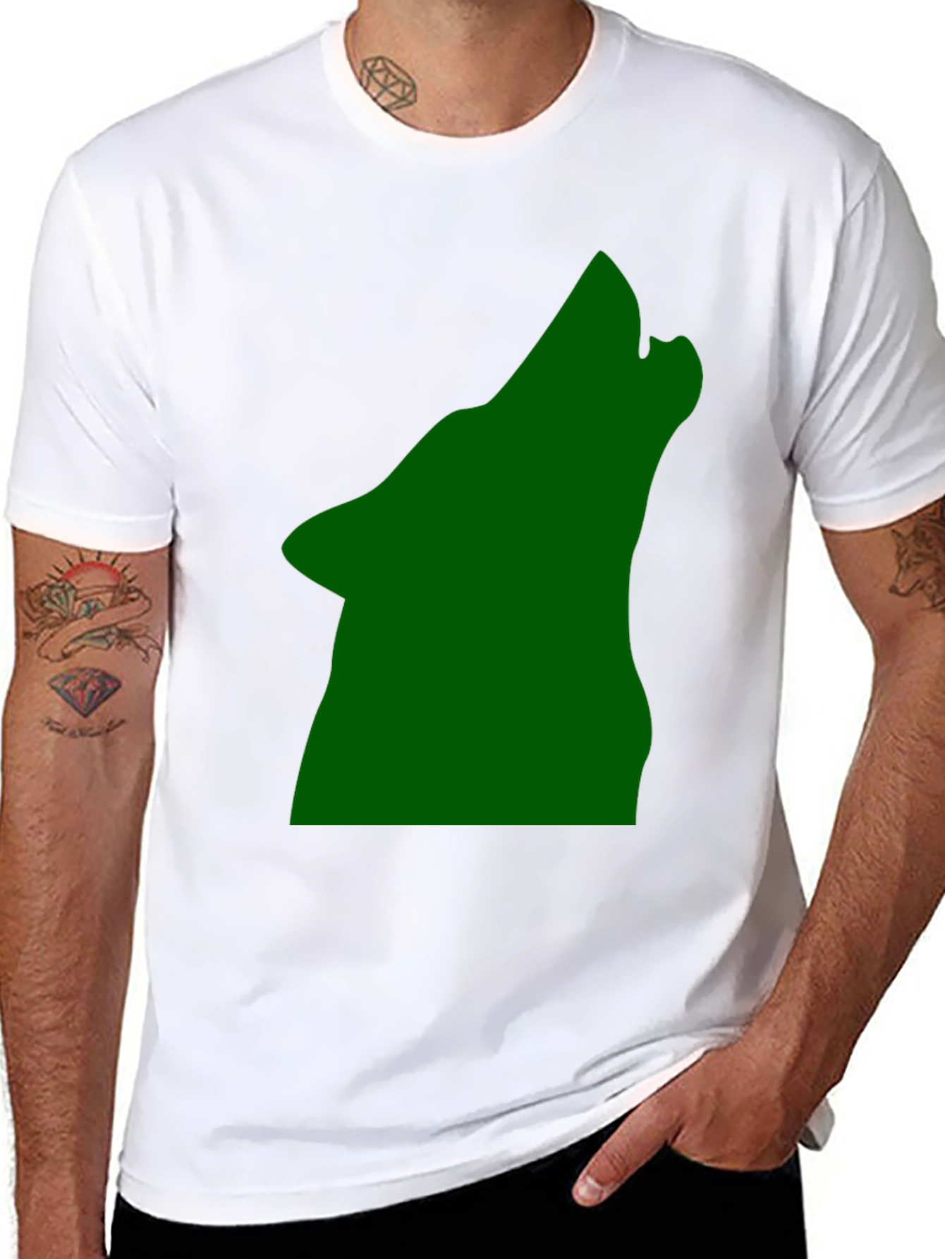 Black Black T-Shirt with Green Howling Wolf Design view 8