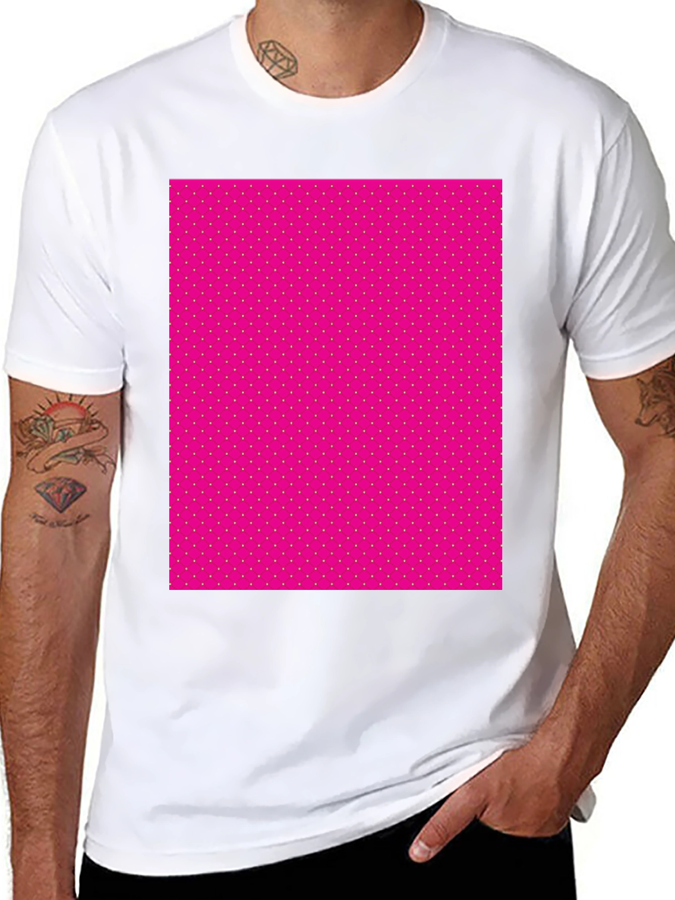 Black Men's Black T-Shirt with Pink Polka Dot Pattern view 8