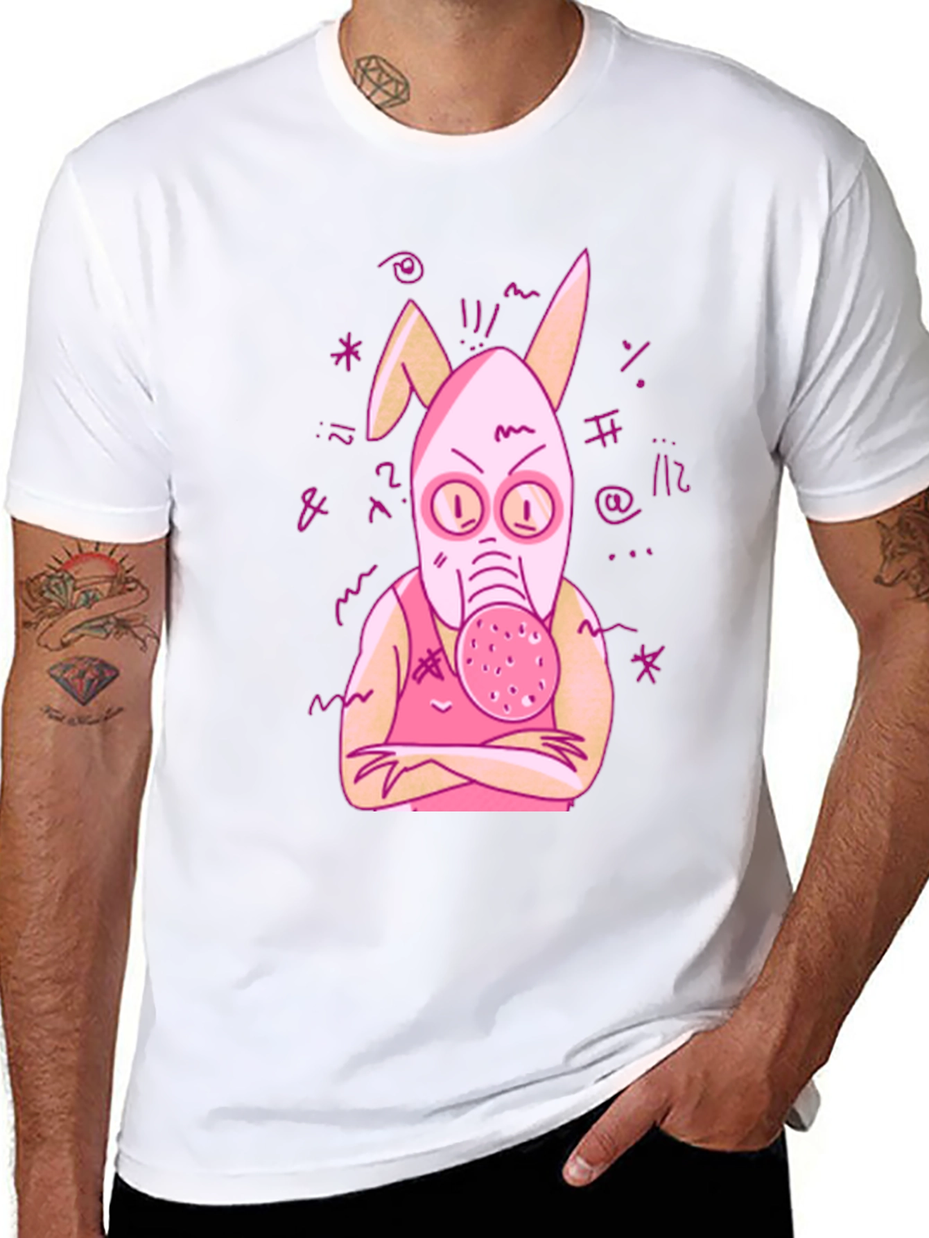 Black Unique Graphic Tee - Pink Bunny Gas Mask Design view 8