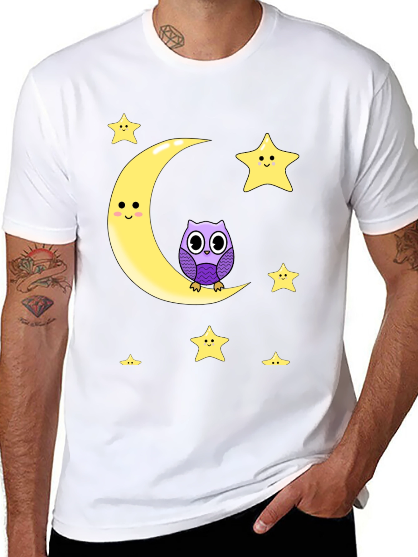 Black Cute Owl on Moon Graphic T-Shirt - Black Cotton Blend view 8