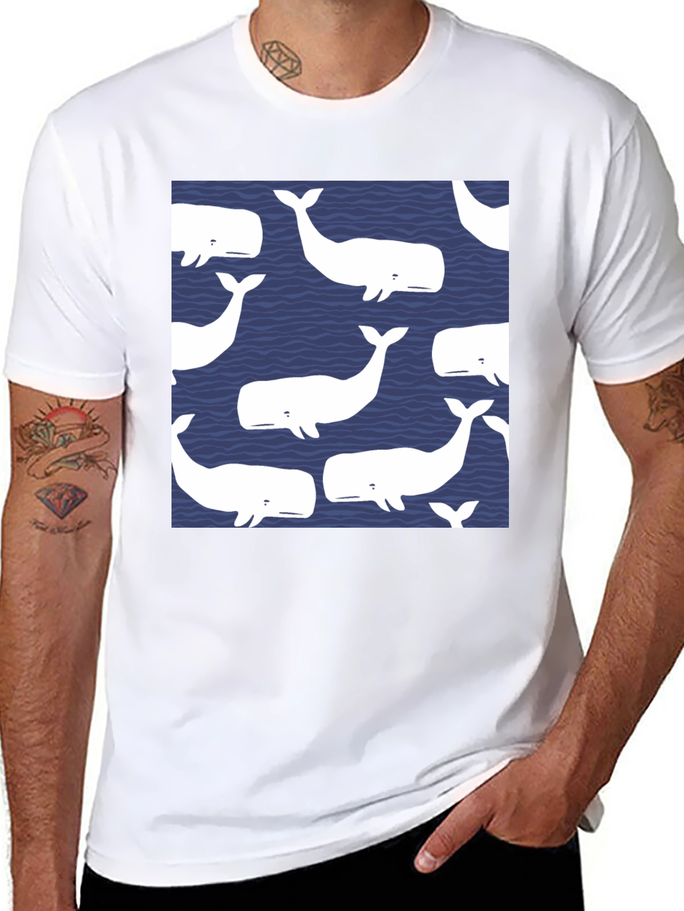 Black Whale Pattern Black T-Shirt view 8