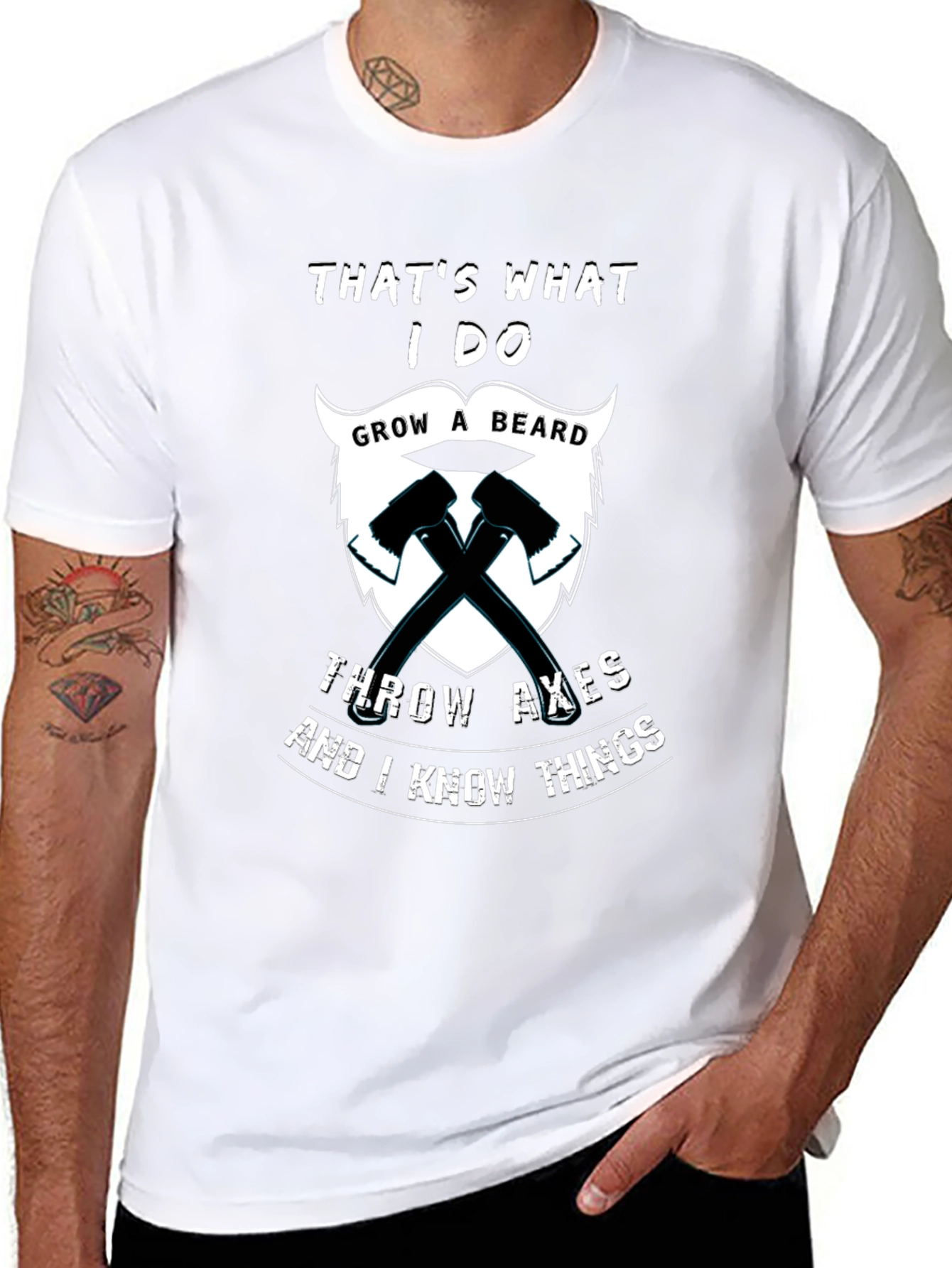 Black Humorous "Grow a Beard, Throw Axes" Graphic T-Shirt view 8