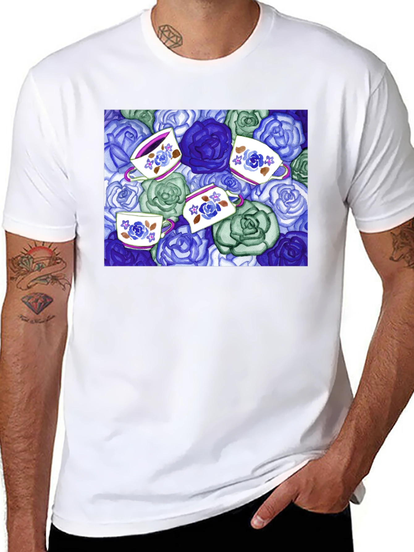Black Floral Tea Cup T-Shirt - Unique Design view 8