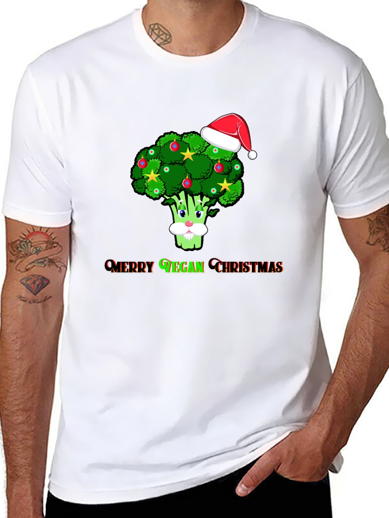 Black Merry Vegan Christmas T-Shirt - Broccoli Santa Hat view 8