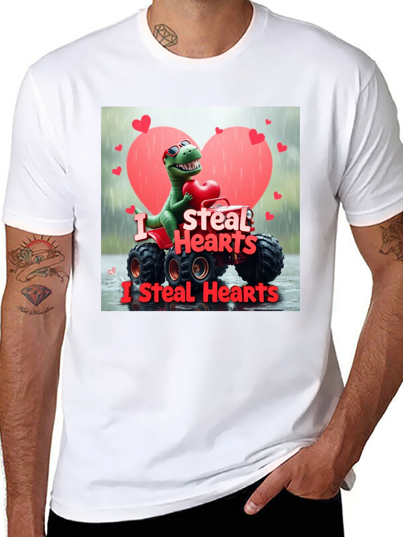 Black I Steal Hearts Dinosaur Monster Truck Valentine's Day T-Shirt view 8