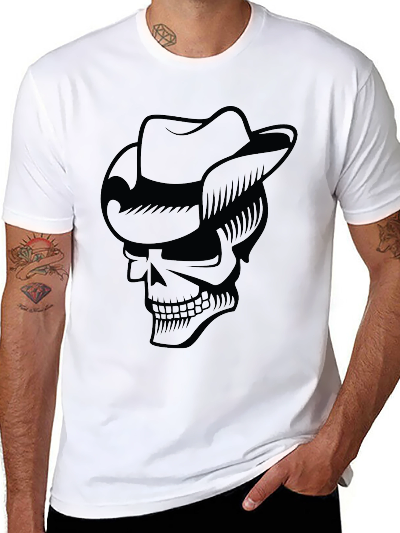 Black Skull Cowboy Hat Graphic T-Shirt - Cool Casual Tee view 8