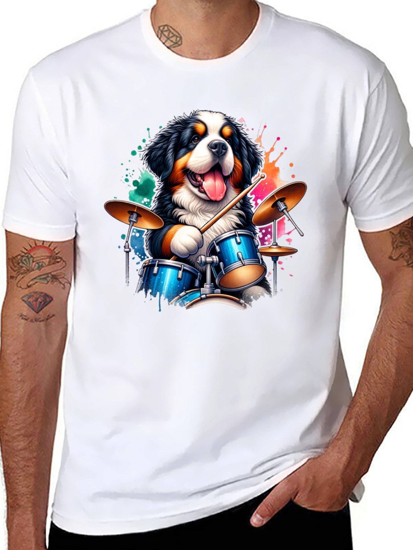 Black Drummer Dog Graphic Tee - Black Cotton T-Shirt view 8