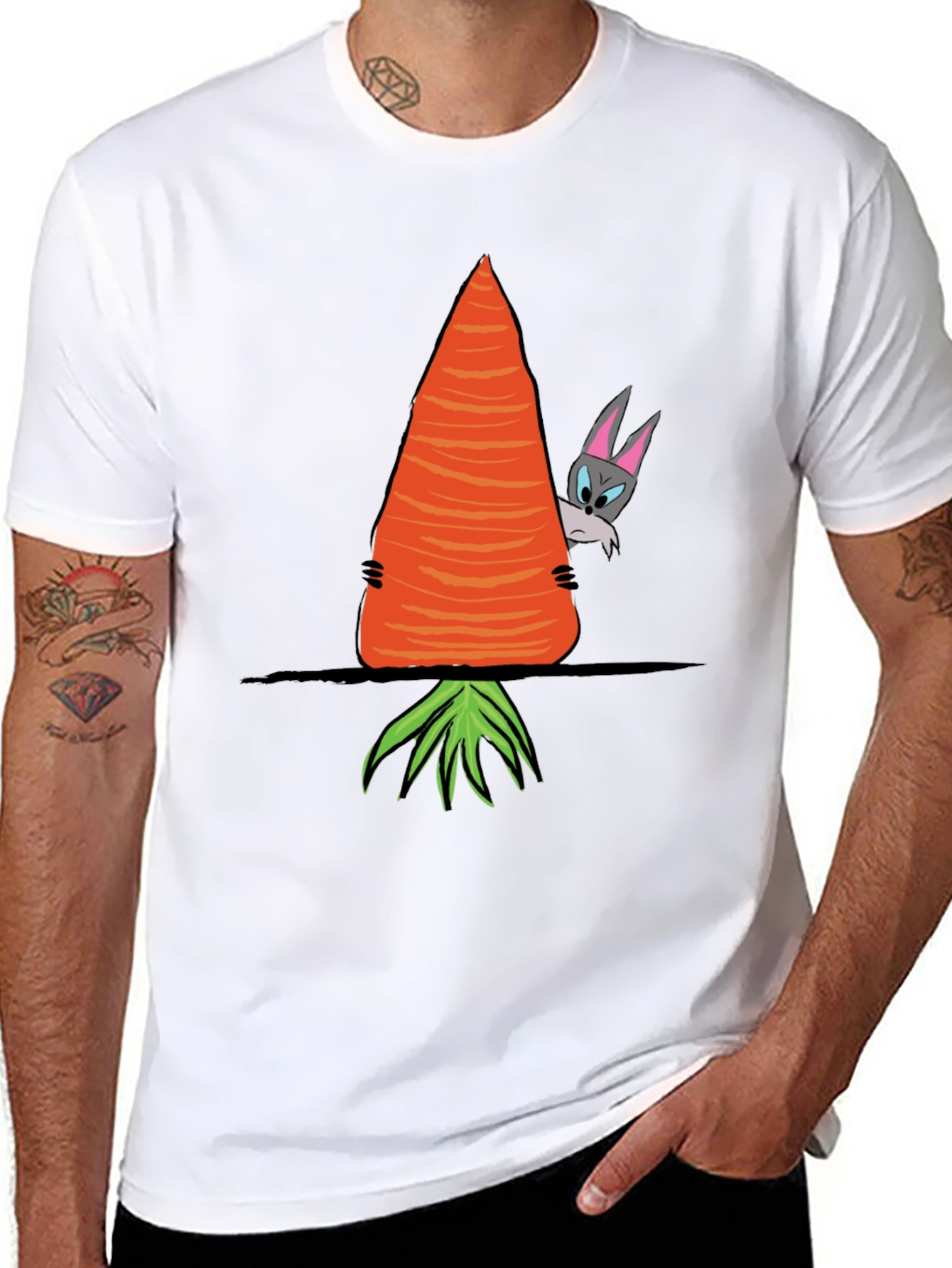 Black Funny Rabbit Peek-a-Boo Carrot Graphic Tee view 8
