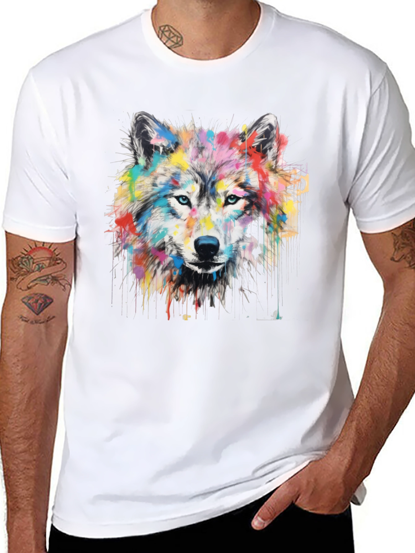 Black Colorful Wolf Graphic Print Men's Black T-Shirt view 8