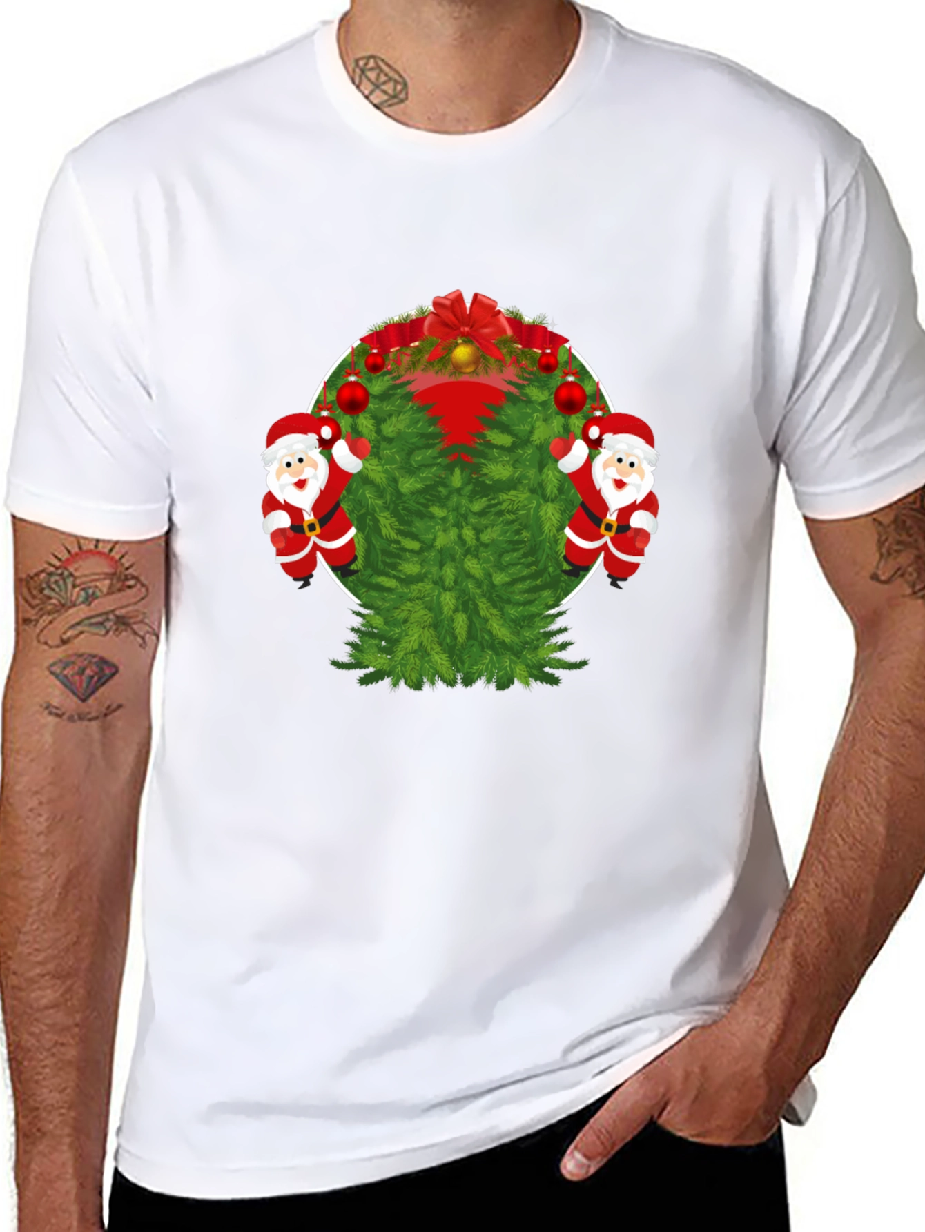 Black Festive Christmas Tree & Santa T-Shirt view 8