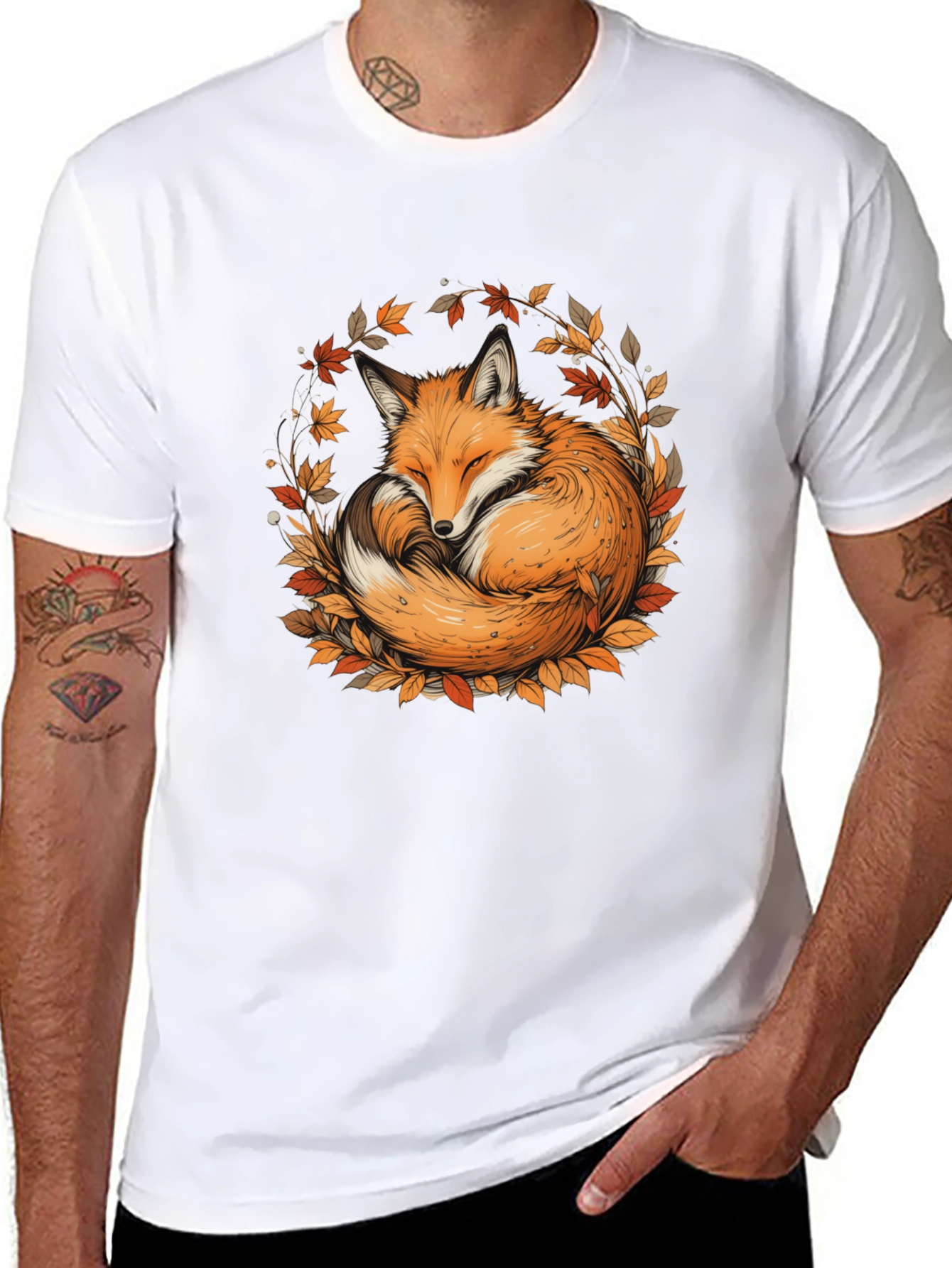 Black Fox & Foliage Black T-Shirt - Autumnal Design view 8