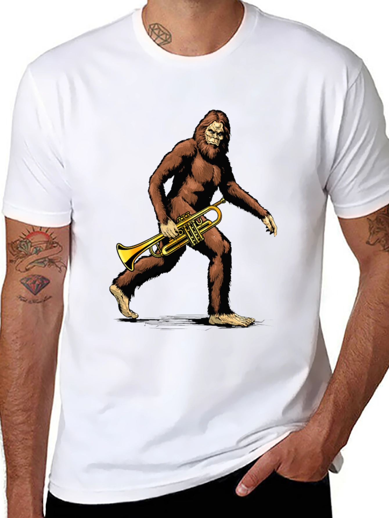 Black Bigfoot Trumpet Player Graphic T-Shirt view 8
