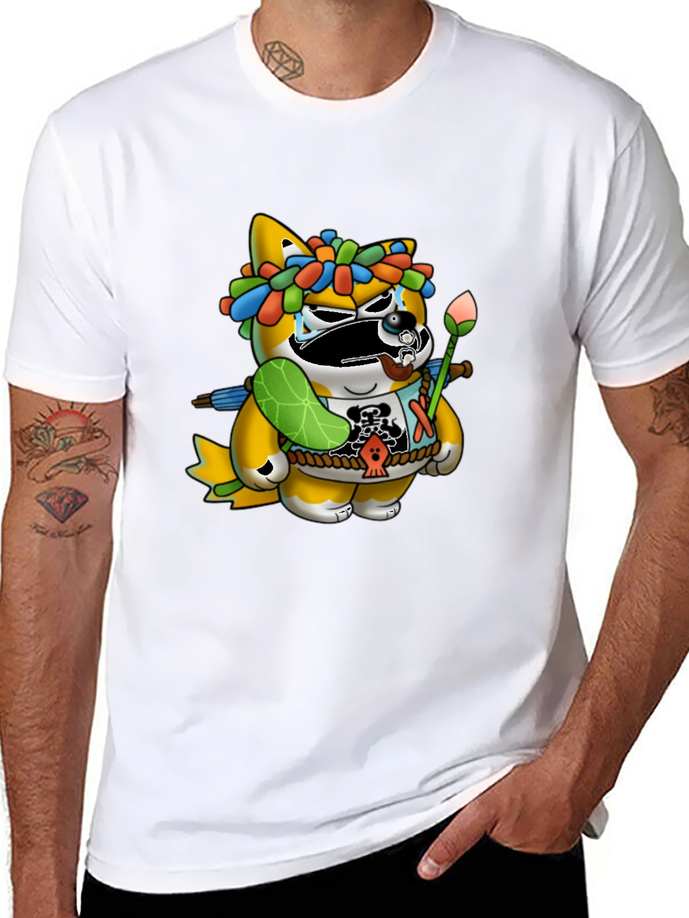Black Unique Graphic Tee - Cartoon Tanuki Design view 8